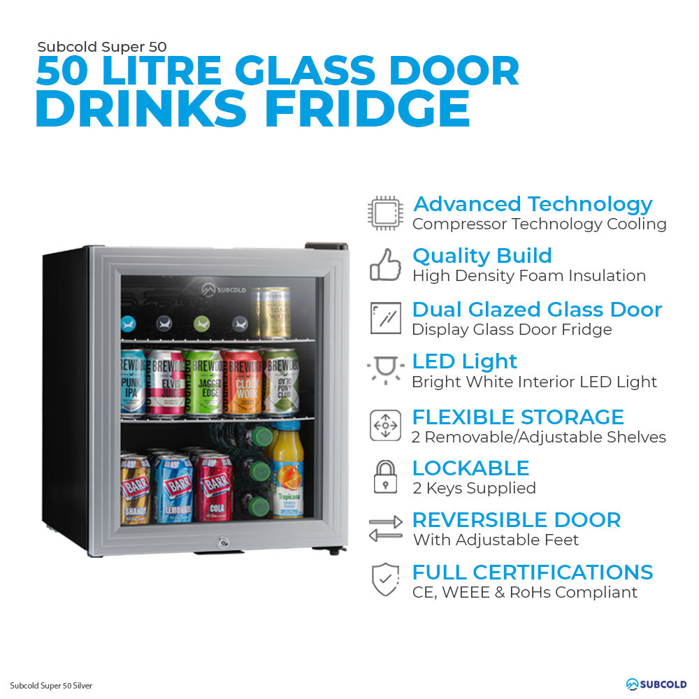 Silver drinks fridge with dual-glazed glass door and LED-lit interior for canned drinks