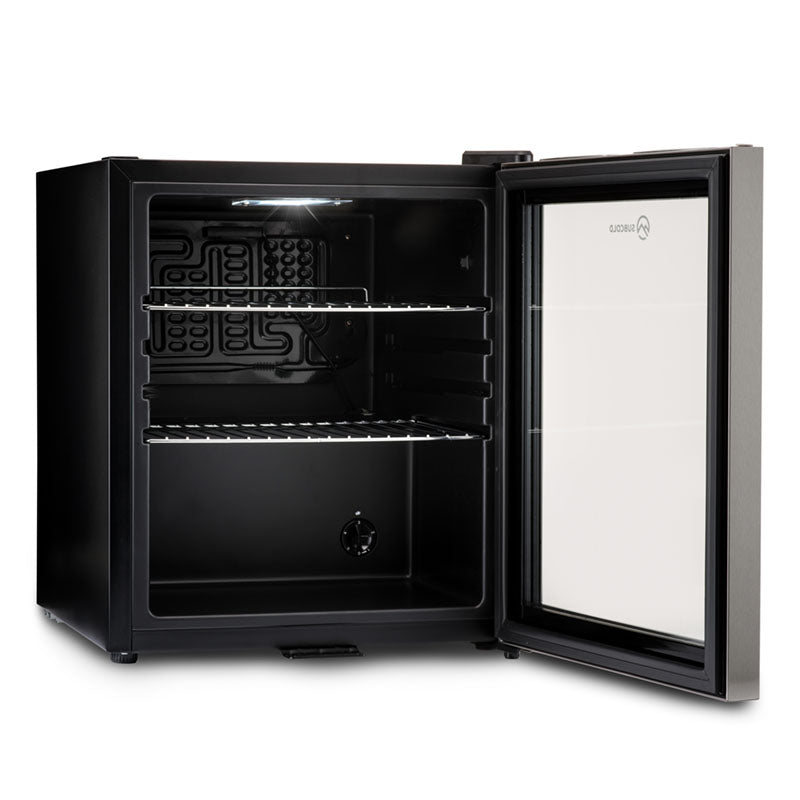 Black LED beer fridge with door open, showing empty interior shelves