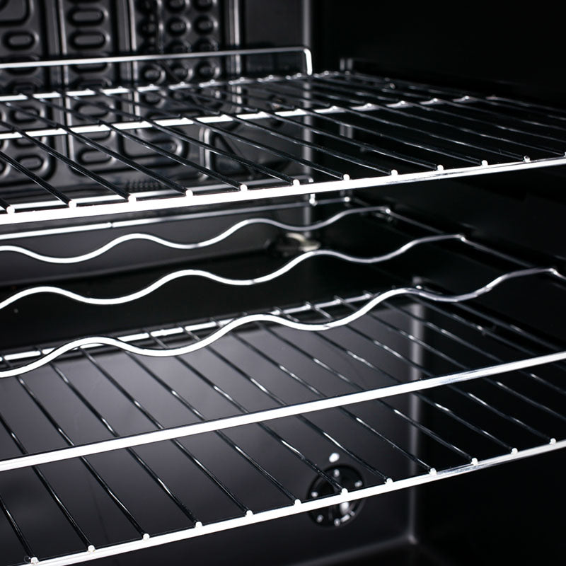Beer fridge interior with black wire shelves and wavy LED light strips