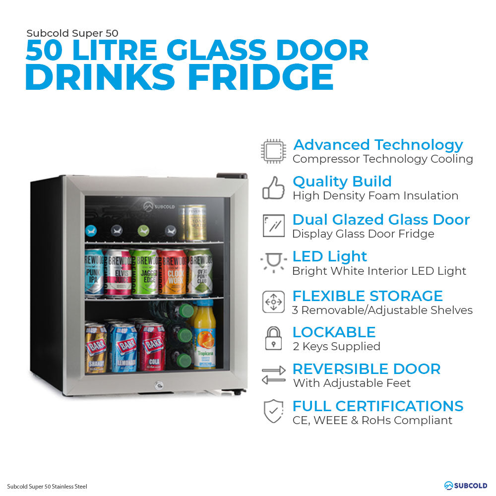 LED beer fridge features graphic: glass door, adjustable shelves, dual-zone lighting