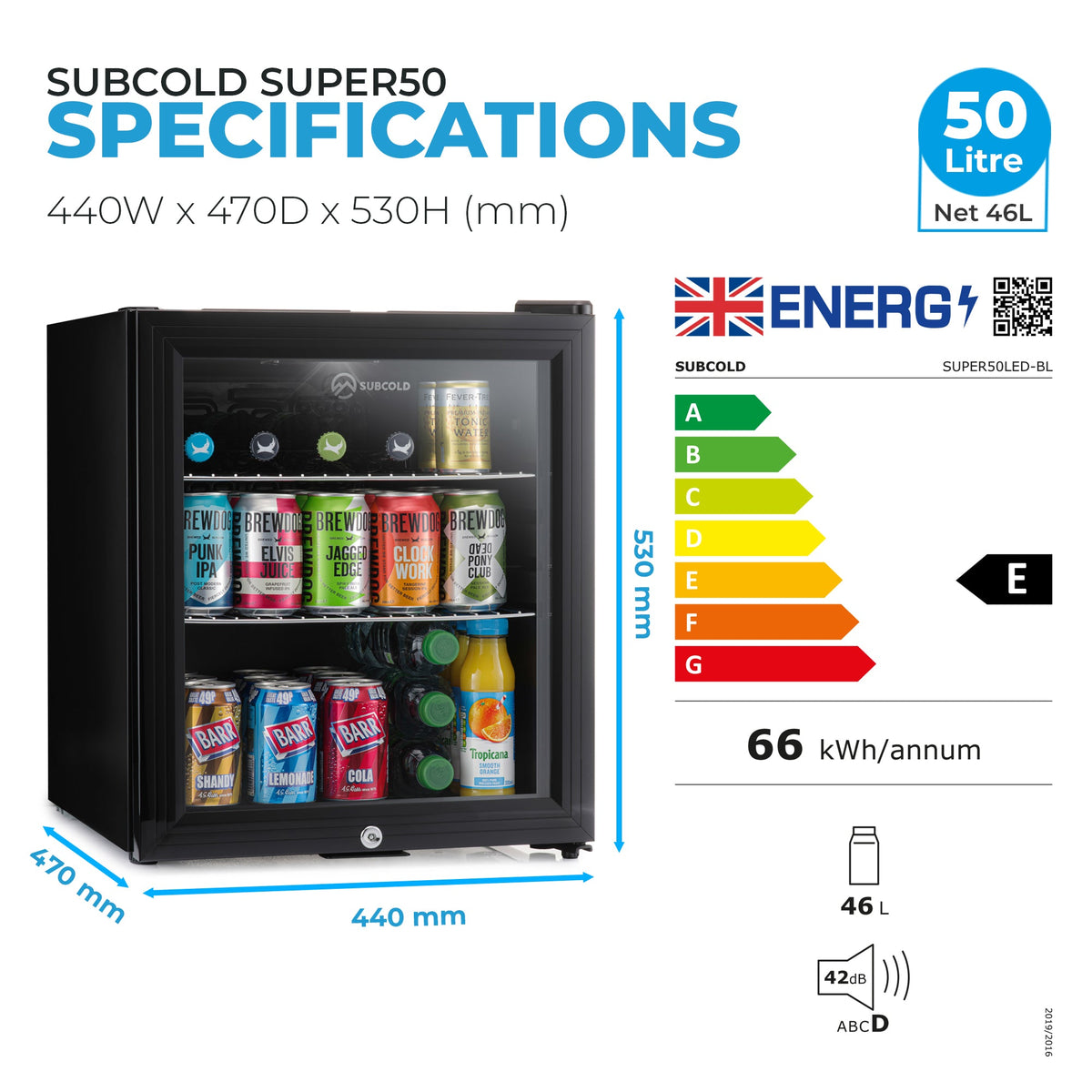 Subcold Super50 LED beer fridge, black front view with glass door and stocked cans and bottles