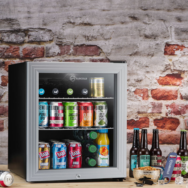 Stainless steel LED beer fridge with glass door and lit drink shelf