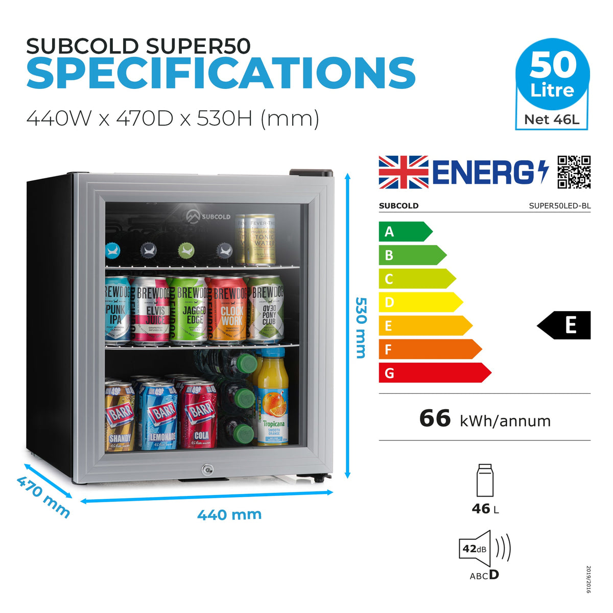 50L silver drinks fridge with open glass door, interior lighting and canned drinks