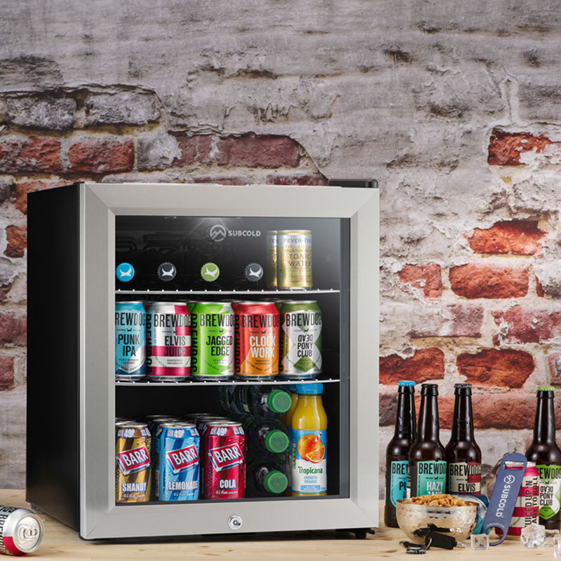LED beer fridge with open glass door and stocked interior with drinks and bottles