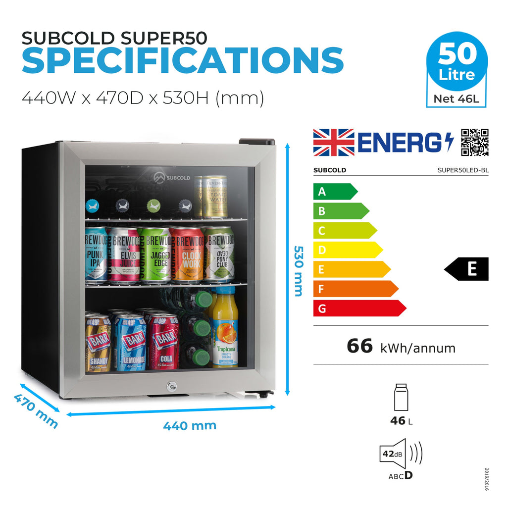 LED beer fridge specifications graphic with size measurements and energy label