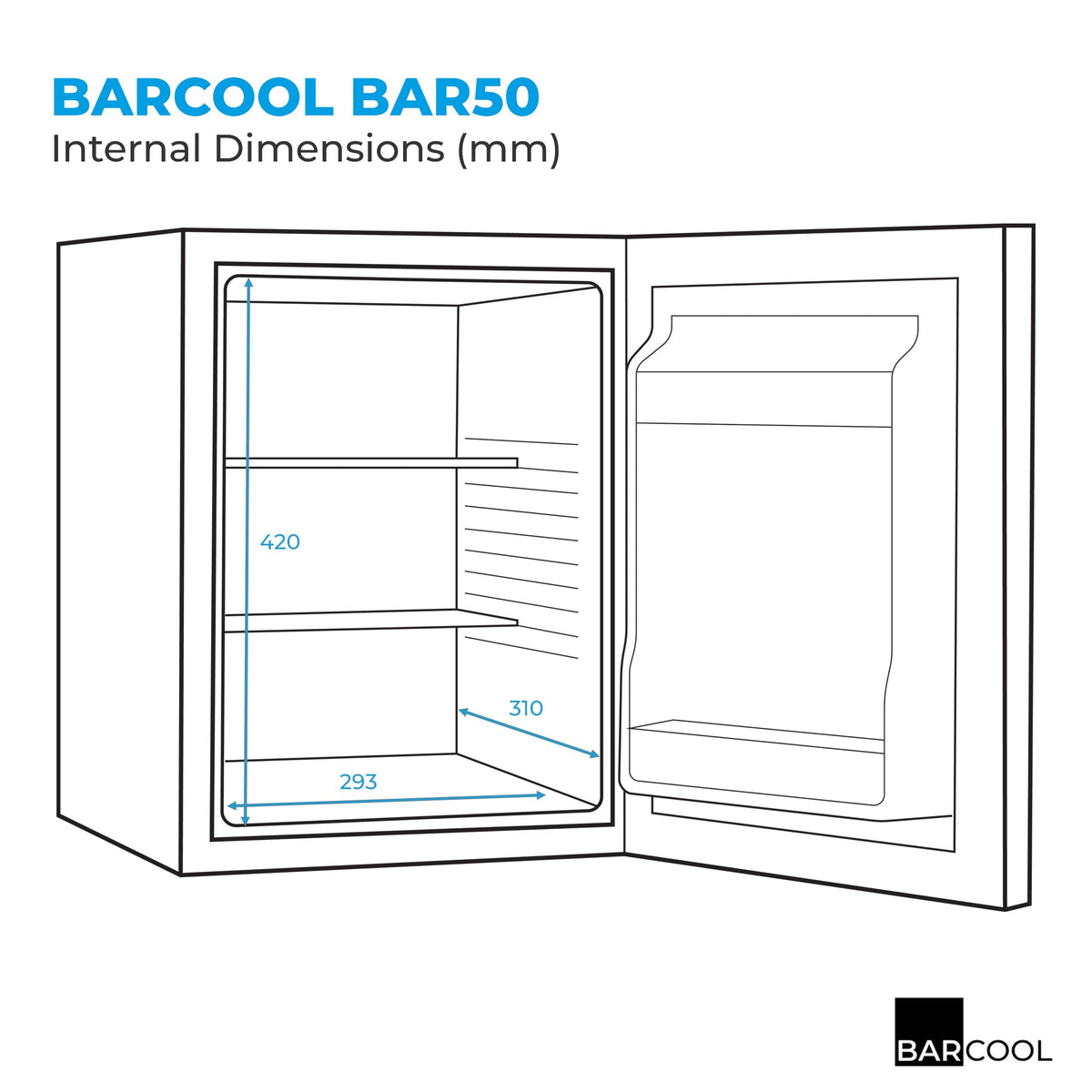 Mini bar fridge interior dimensions diagram with measurement labels