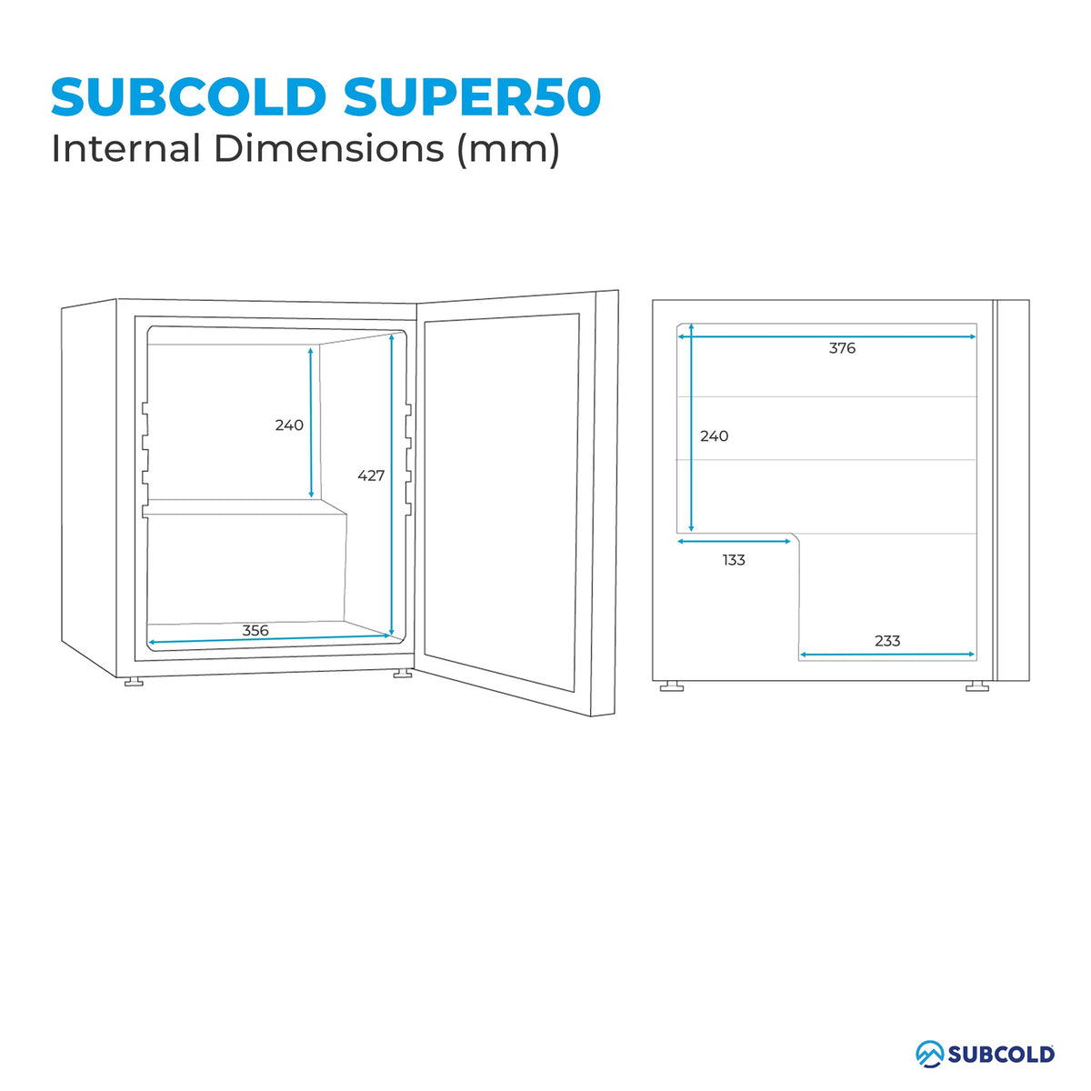 Subcold Super50 beer fridge internal dimensions diagram (mm)