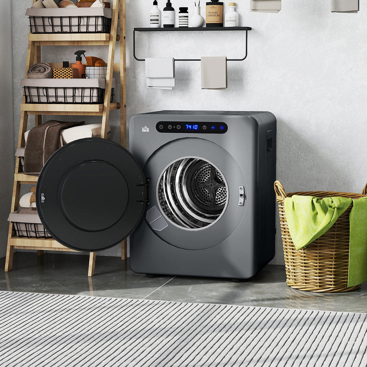 Grey tumble dryer with open door and front control panel