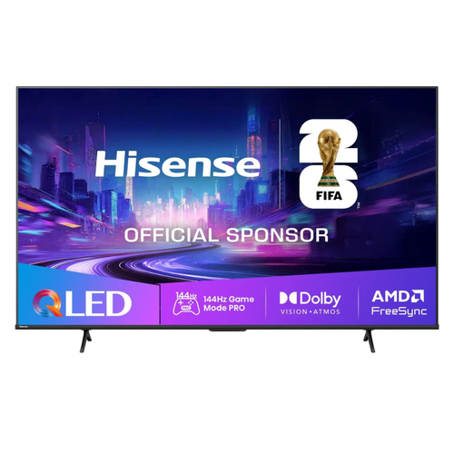 Hisense QLED TV front view with FIFA badge, Dolby Vision Atmos, FreeSync icons