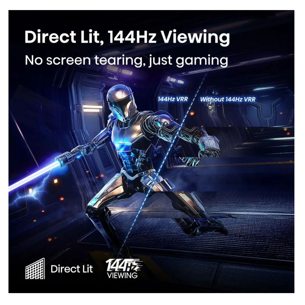 Hisense 4K TV with Direct Lit 144Hz gaming scene and VVR viewing label