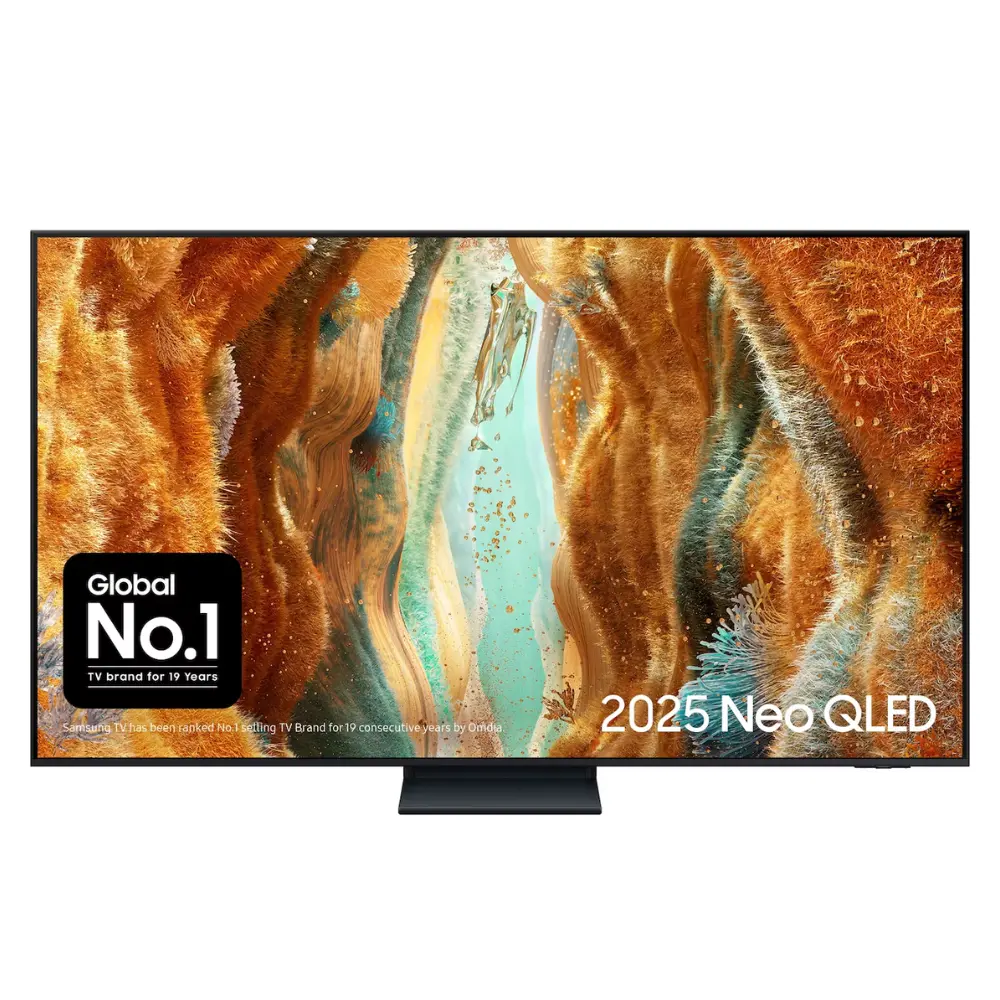 Samsung 55-inch Neo QLED smart TV with stand, showing wildlife-style display on screen