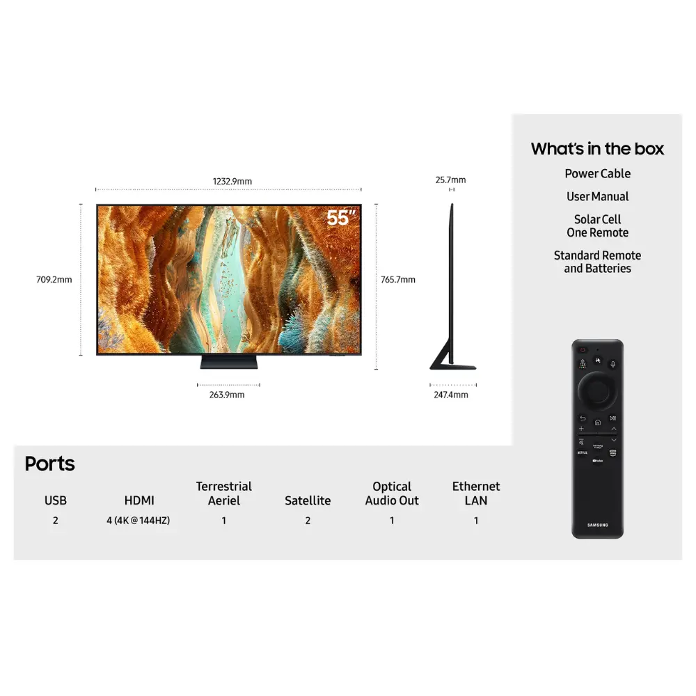 Samsung 55-inch Neo QLED smart TV diagram with ports, dimensions, and included accessories list