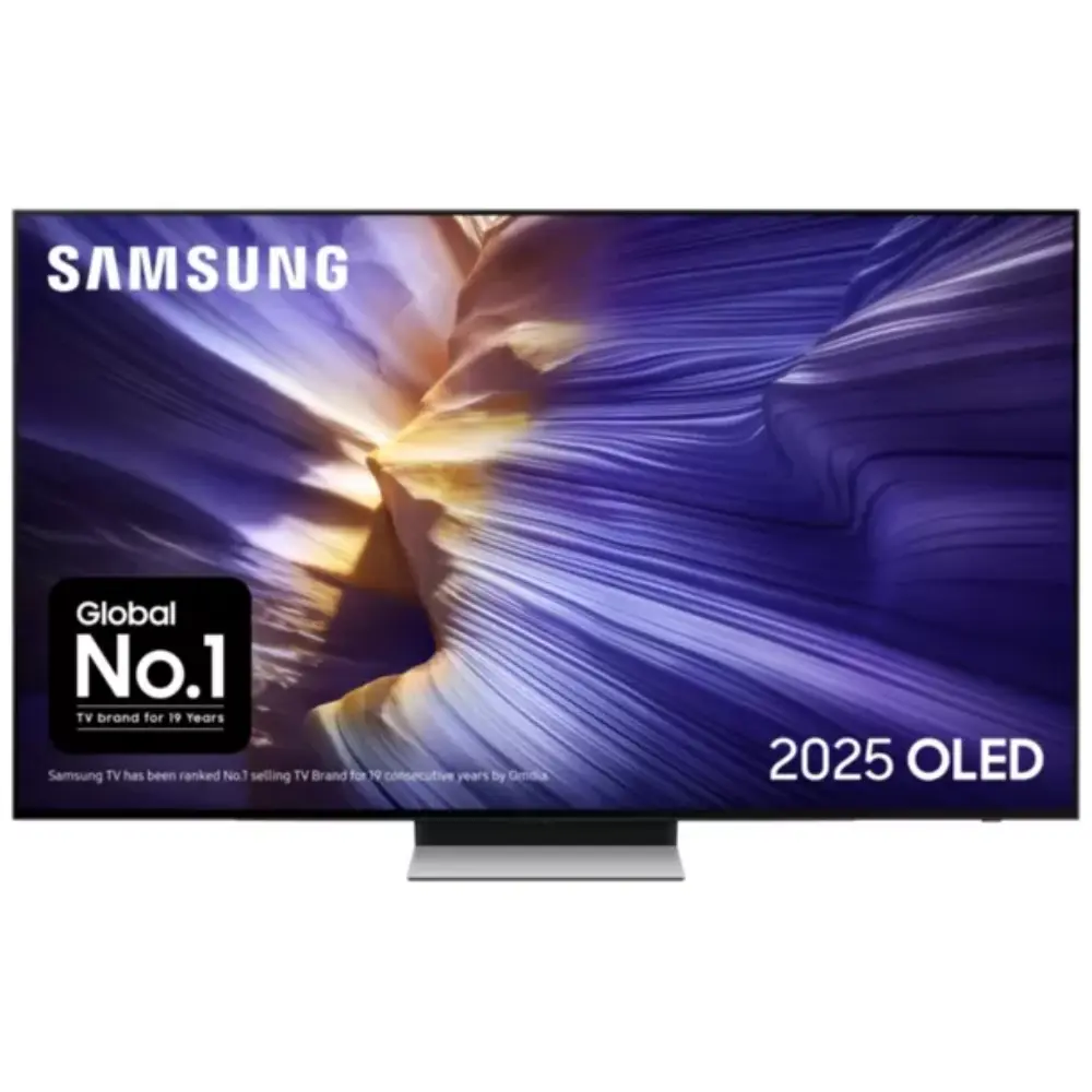 Samsung OLED Smart TV front view with stand, displaying animated purple-blue content