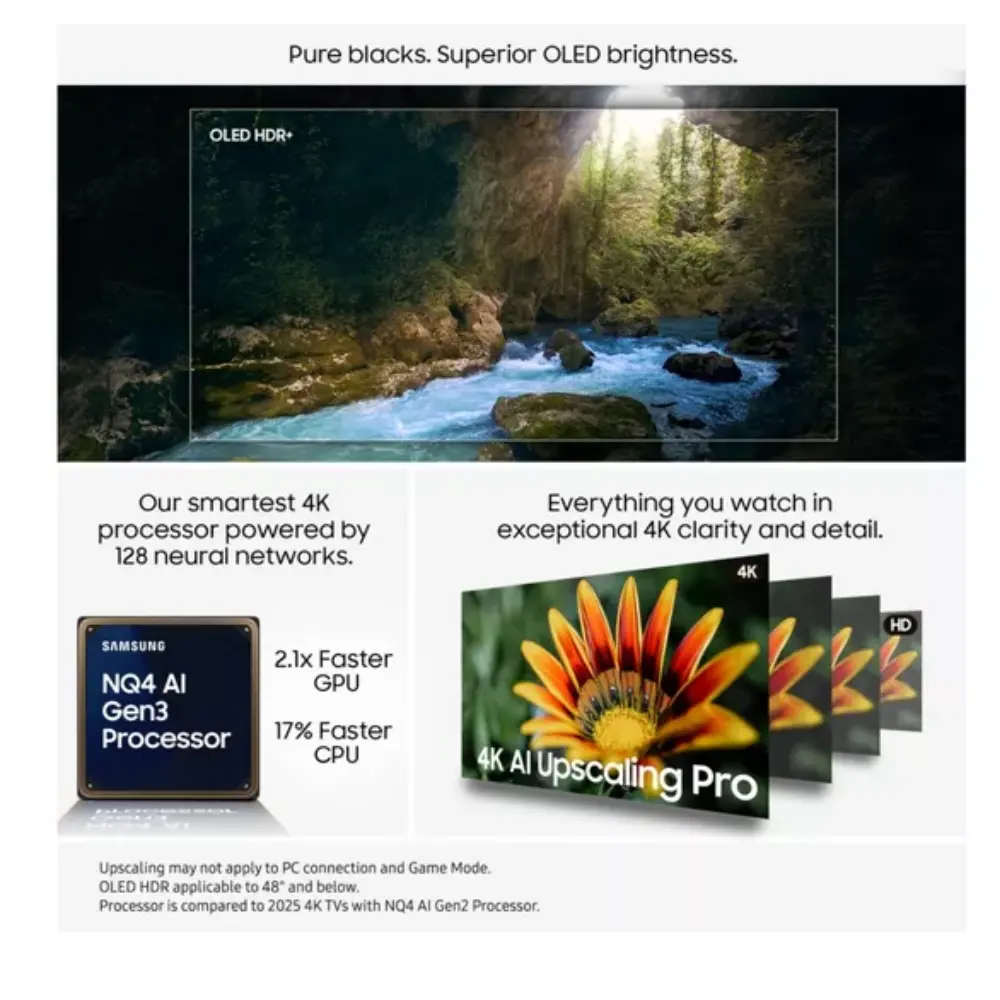 OLED Smart TV with landscape scene on screen, thin bezel and center pedestal stand