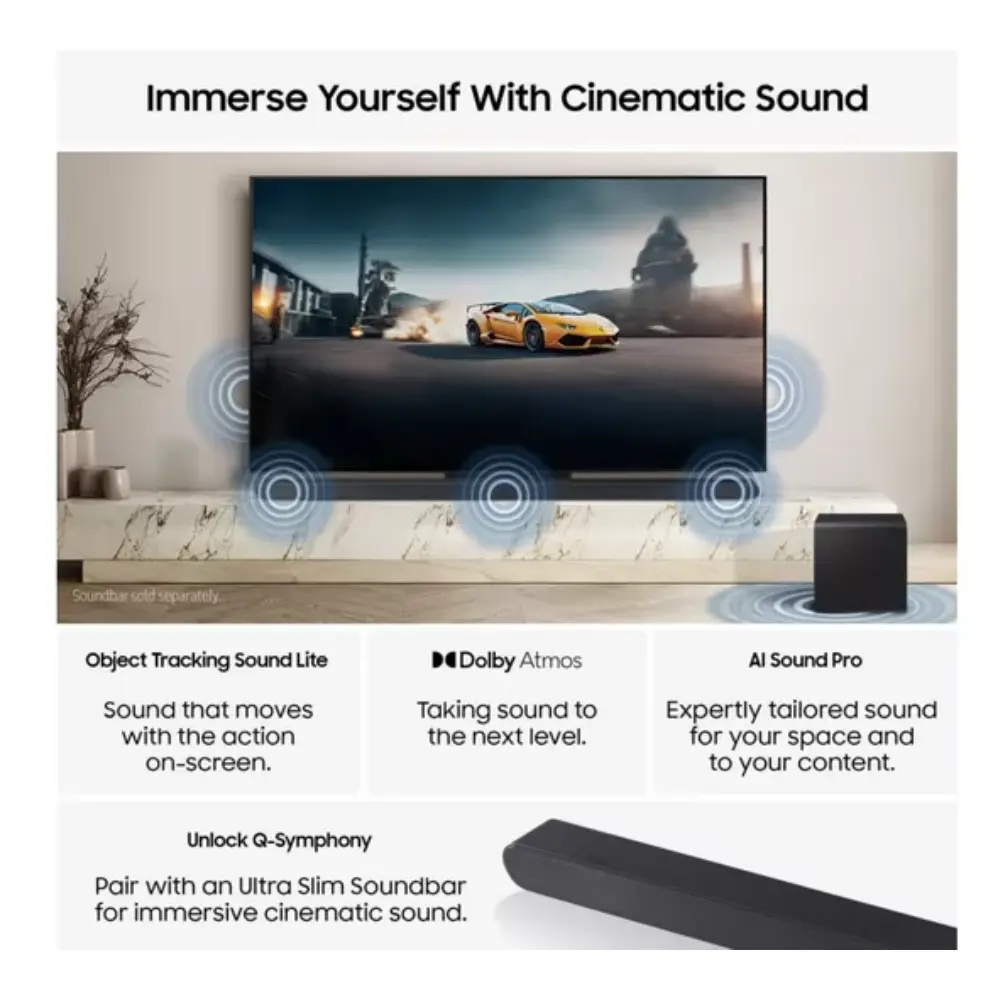 OLED Smart TV with cinematic sound graphic on screen and centered TV stand