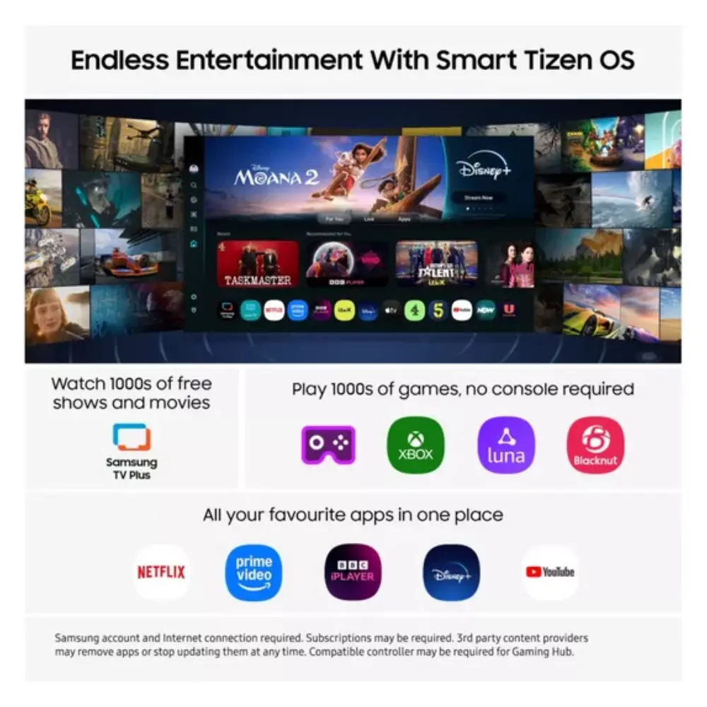 OLED Smart TV displaying Smart Tizen OS app tiles on screen