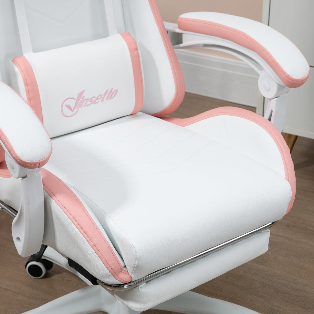 White and pink gaming chair seat and armrests with side bolsters and padded headrest