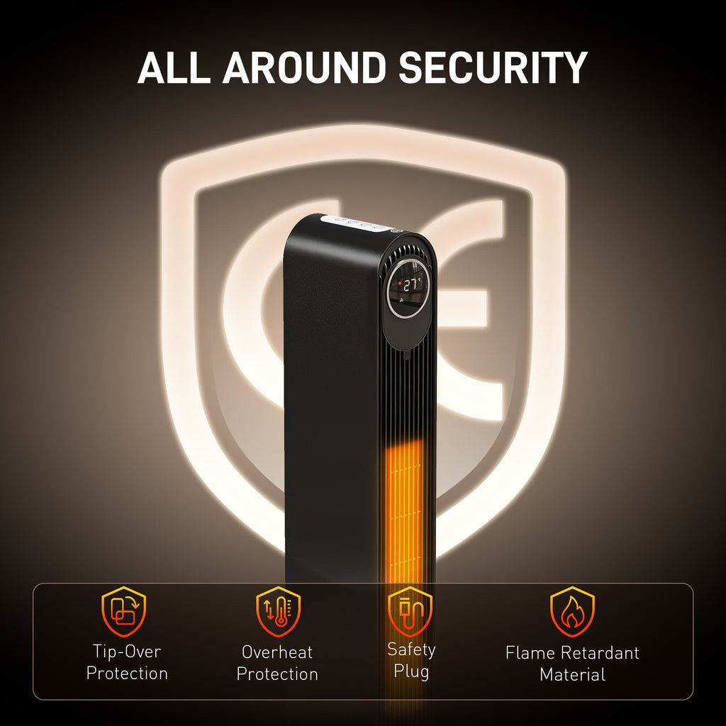Black ceramic heater with safety shield graphic; glowing heating element visible.