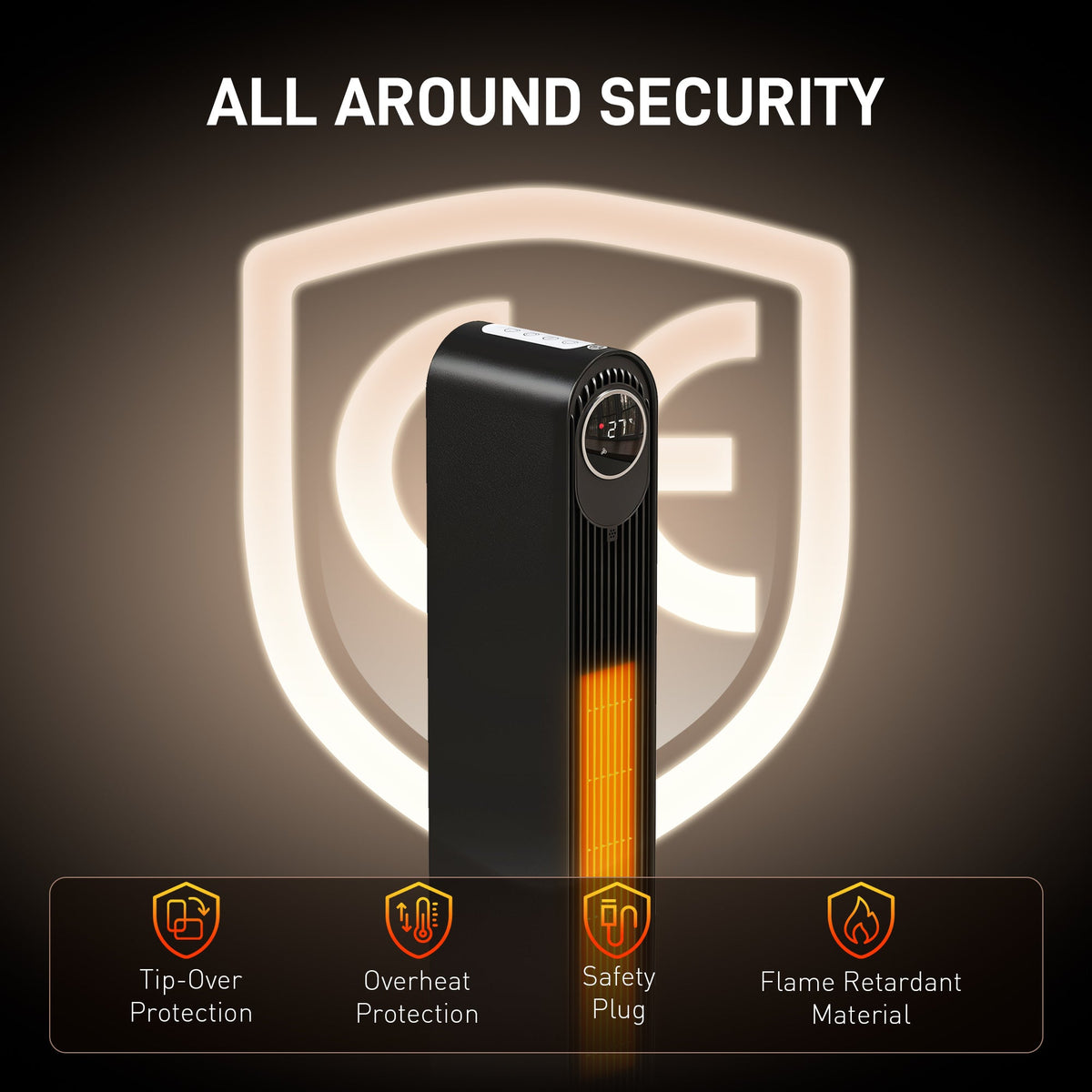 Black ceramic heater with safety shield graphic; glowing heating element visible.