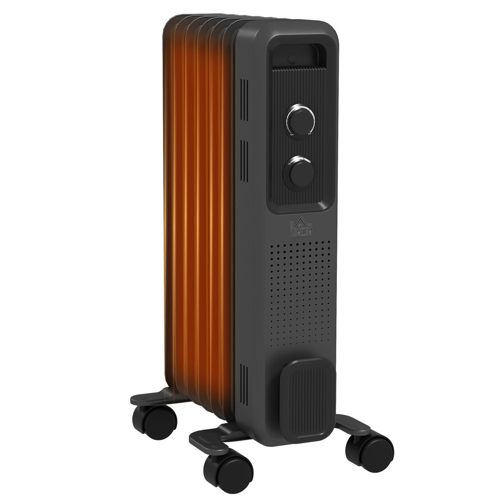 Grey oil-filled radiator electric heater with 7 fins and front control panel, on wheels