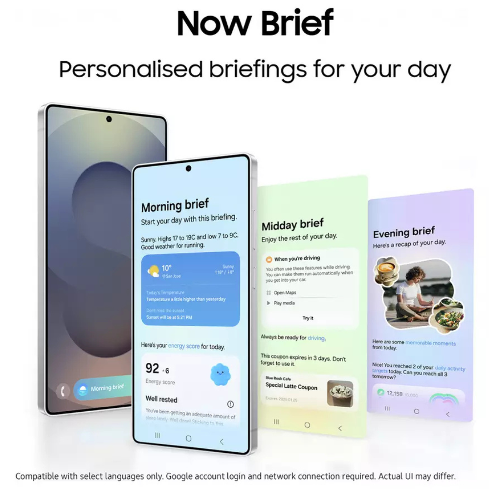 Samsung Galaxy S25 Ultra 5G smartphone showing personalized morning and evening briefs