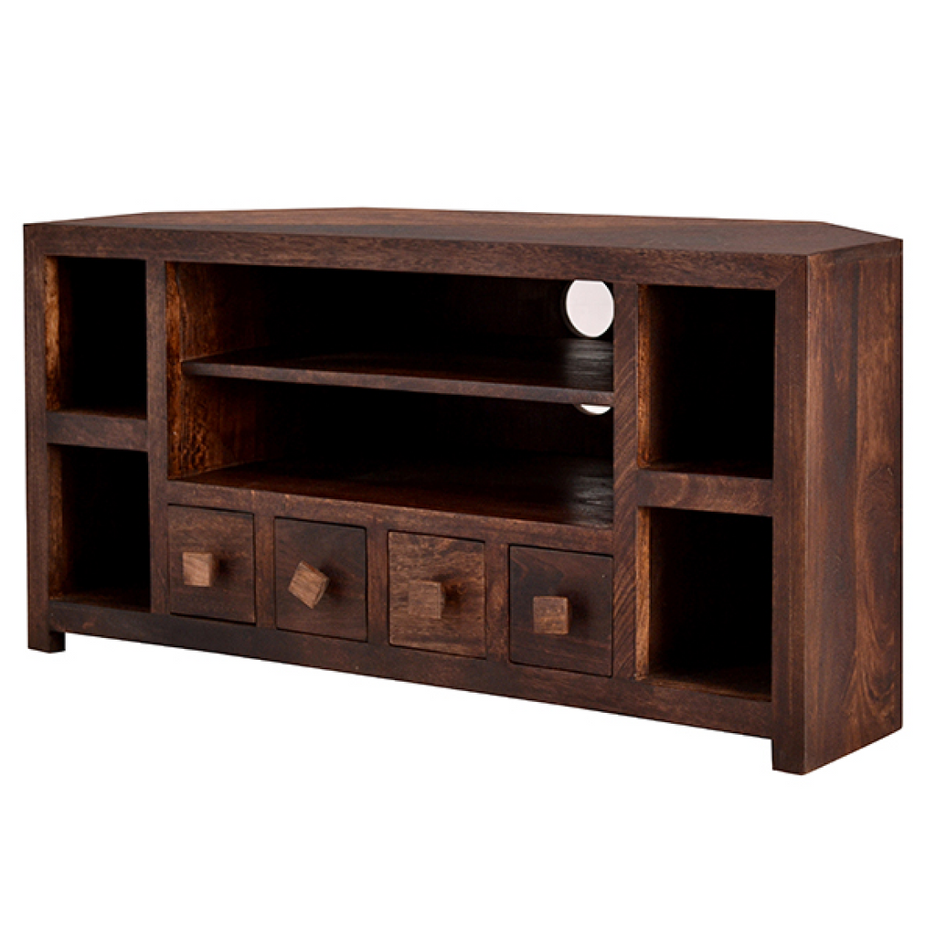 Dark wood corner TV unit with open center shelf, side compartments, and two round cable holes