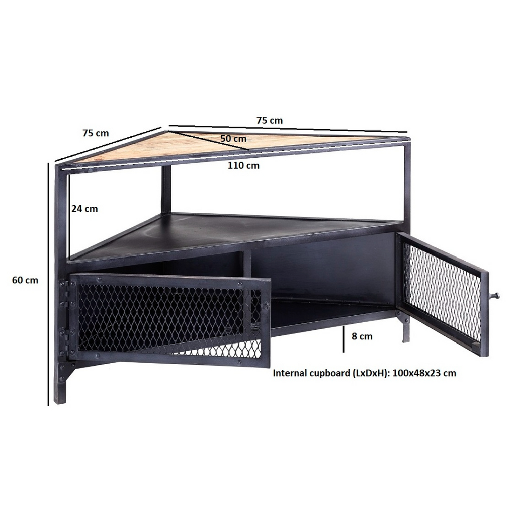 Diagram of corner TV unit with open shelf and hinged right mesh panel