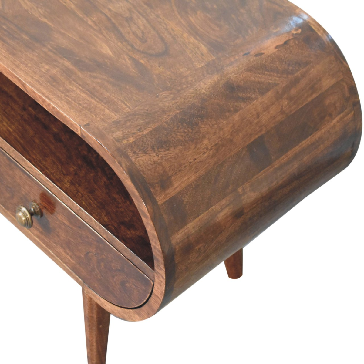Walnut TV stand side with curved corner trim and drawer front, tapered legs