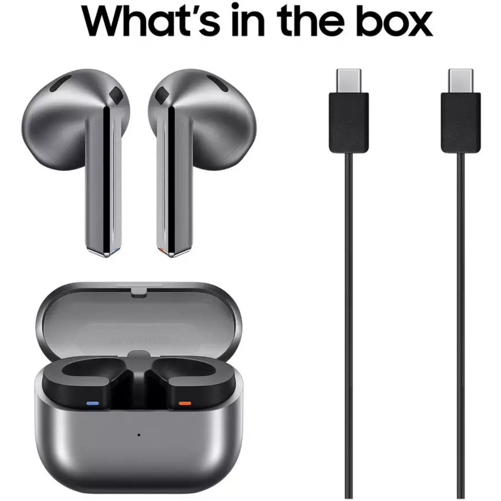 Wireless earbuds, charging case, and USB cable pair in box