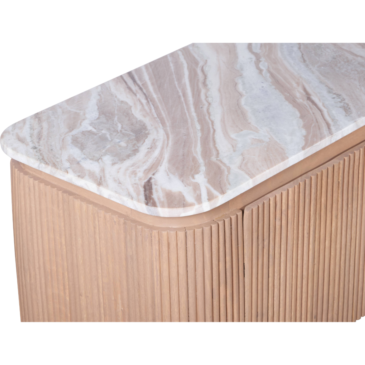 Close-up of large TV cabinet corner: veined marble top and fluted wood surround