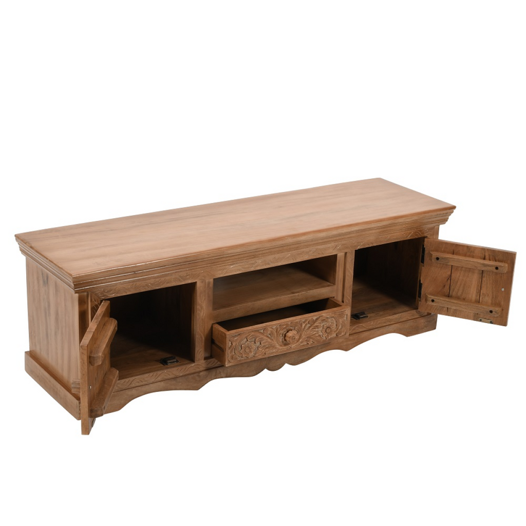 Mango wood TV cabinet with open shelves, carved drawer front, and side access door.
