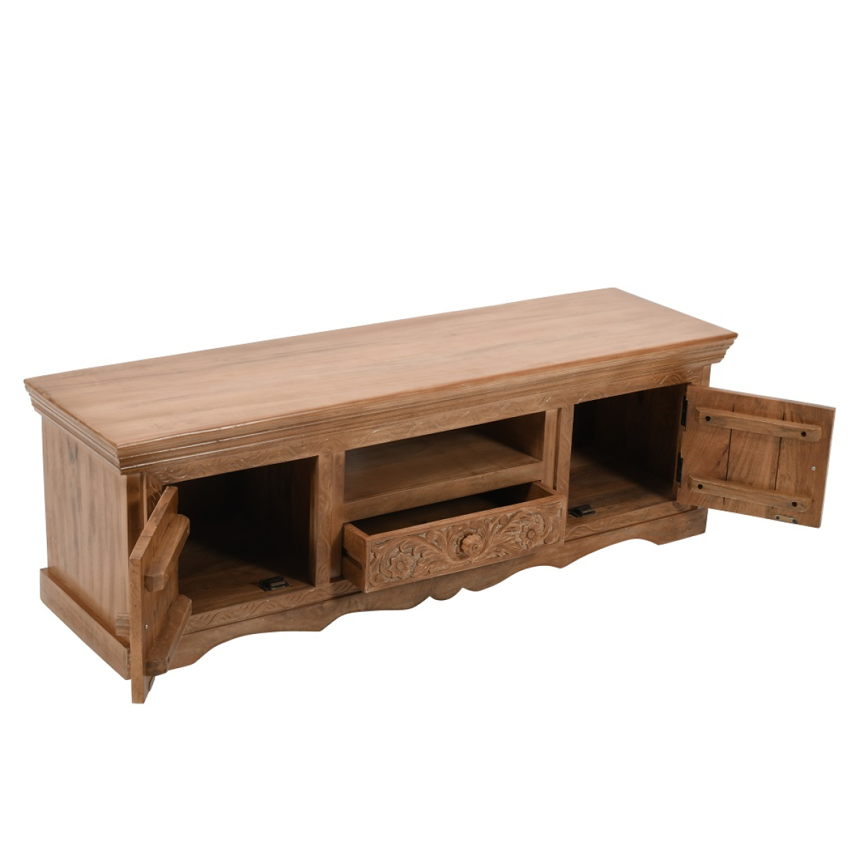 Mango wood TV cabinet with open shelves, carved drawer front, and side access door.