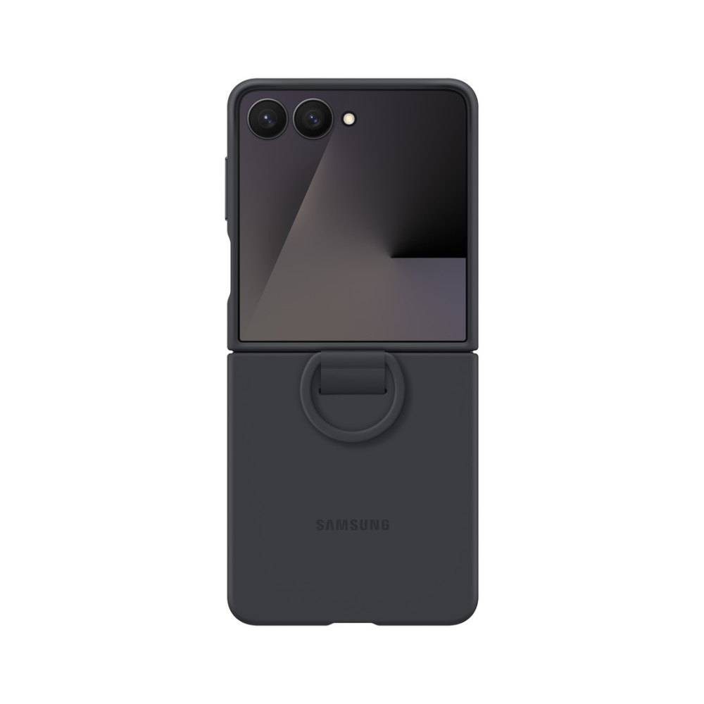 Dark gray silicone case with ring for Galaxy Z Flip7, closed position