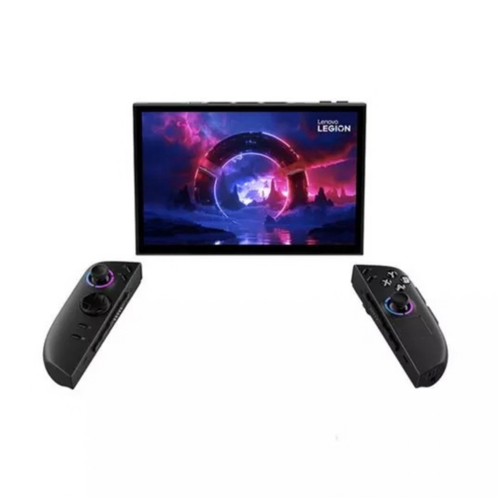 Black handheld gaming console with dual controllers, showing game screen