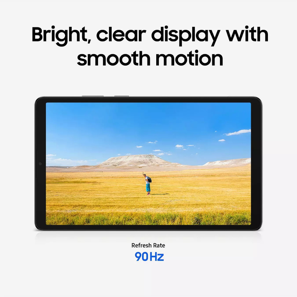 Grey Samsung tablet front view with outdoor landscape on the screen