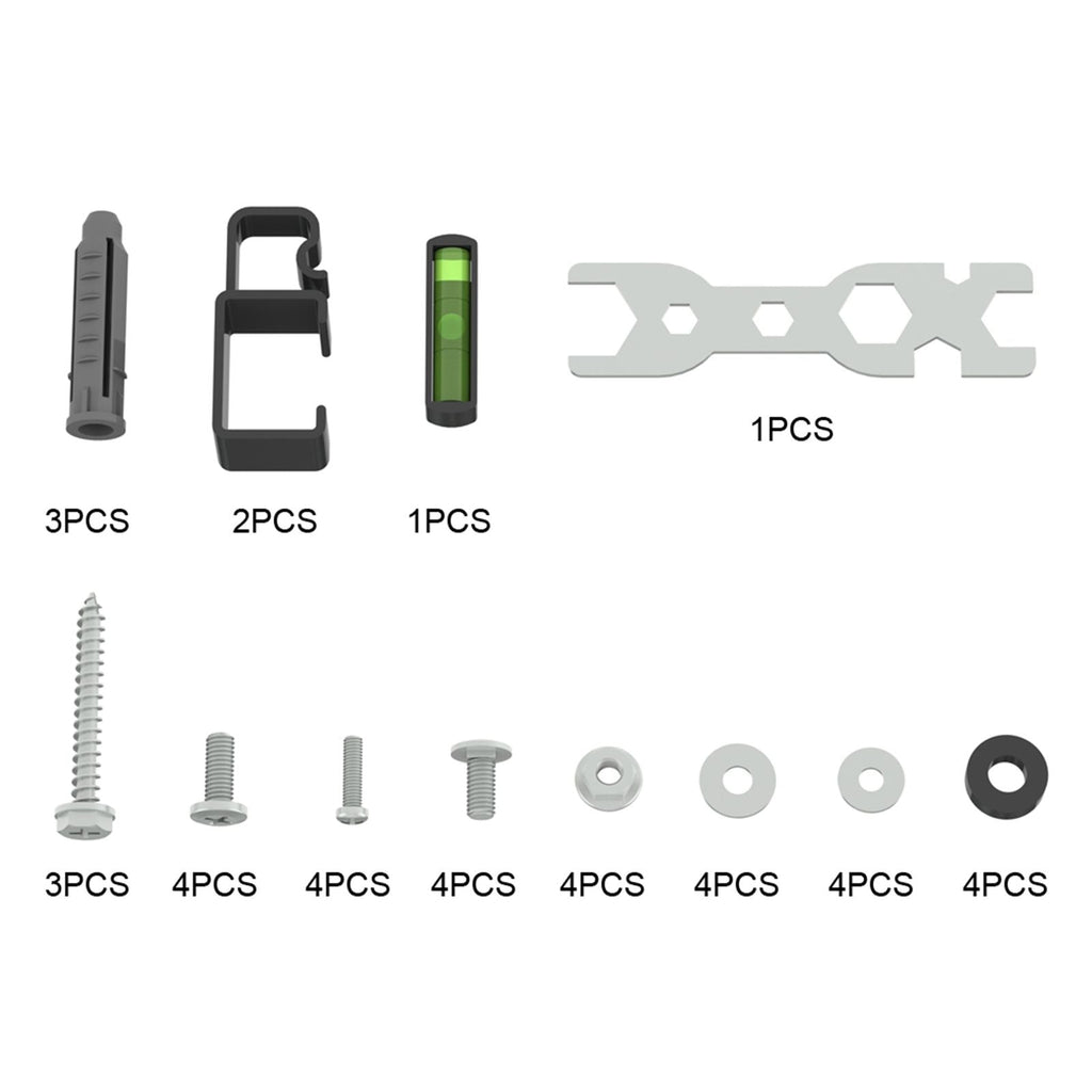 TV wall mount bracket hardware set with bubble level, screws, washers, and anchors