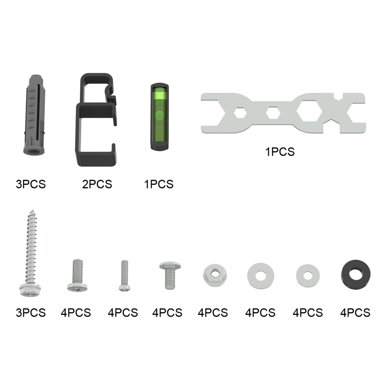 TV wall mount bracket hardware set with bubble level, screws, washers, and anchors