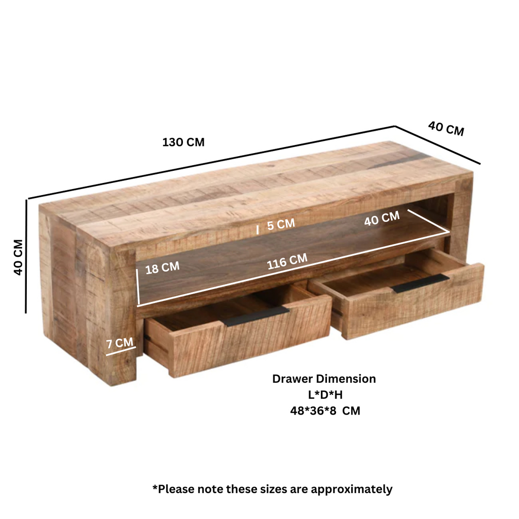 Solid wood TV stand dimensions diagram with 48×38 cm drawer size and 130 cm length