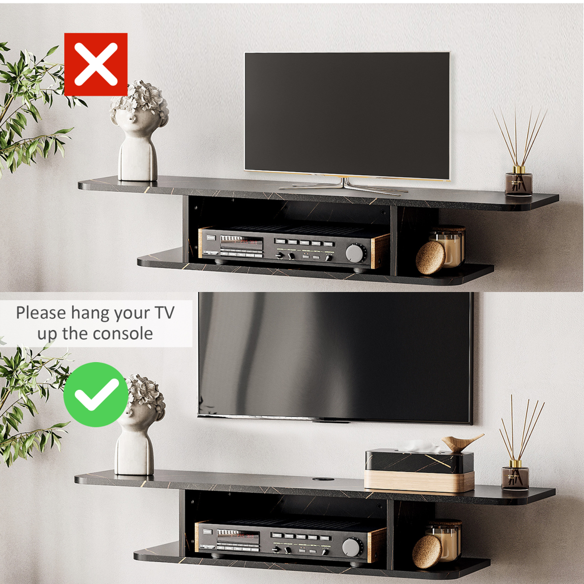 Black wall-mounted TV stand with two open media shelves under a TV mount bracket