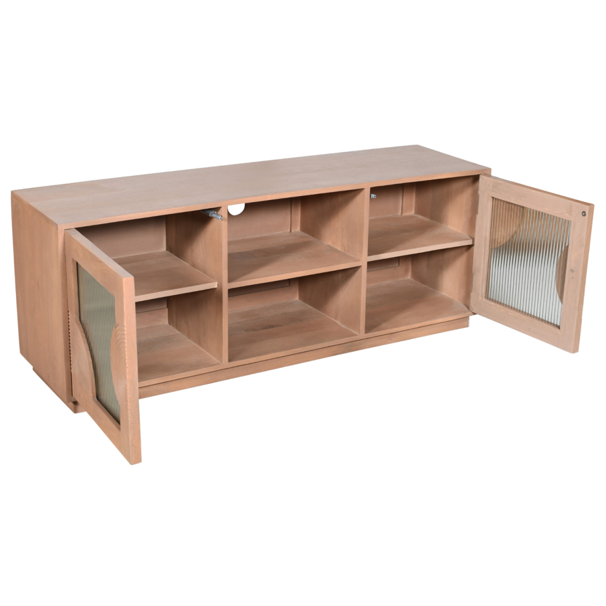 Solid wood media cabinet viewed from the side; open shelves with two hinged glass doors