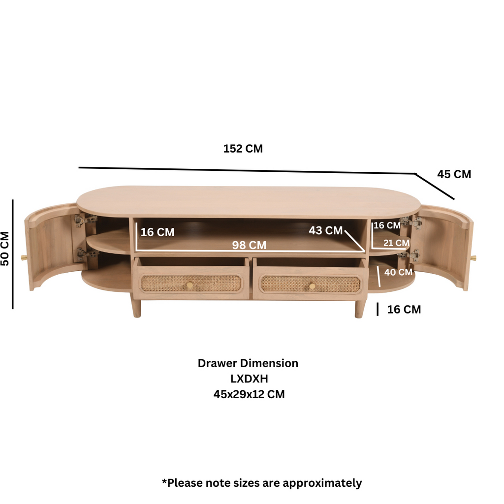TV cabinet size diagram showing cabinet and drawer dimensions in centimeters