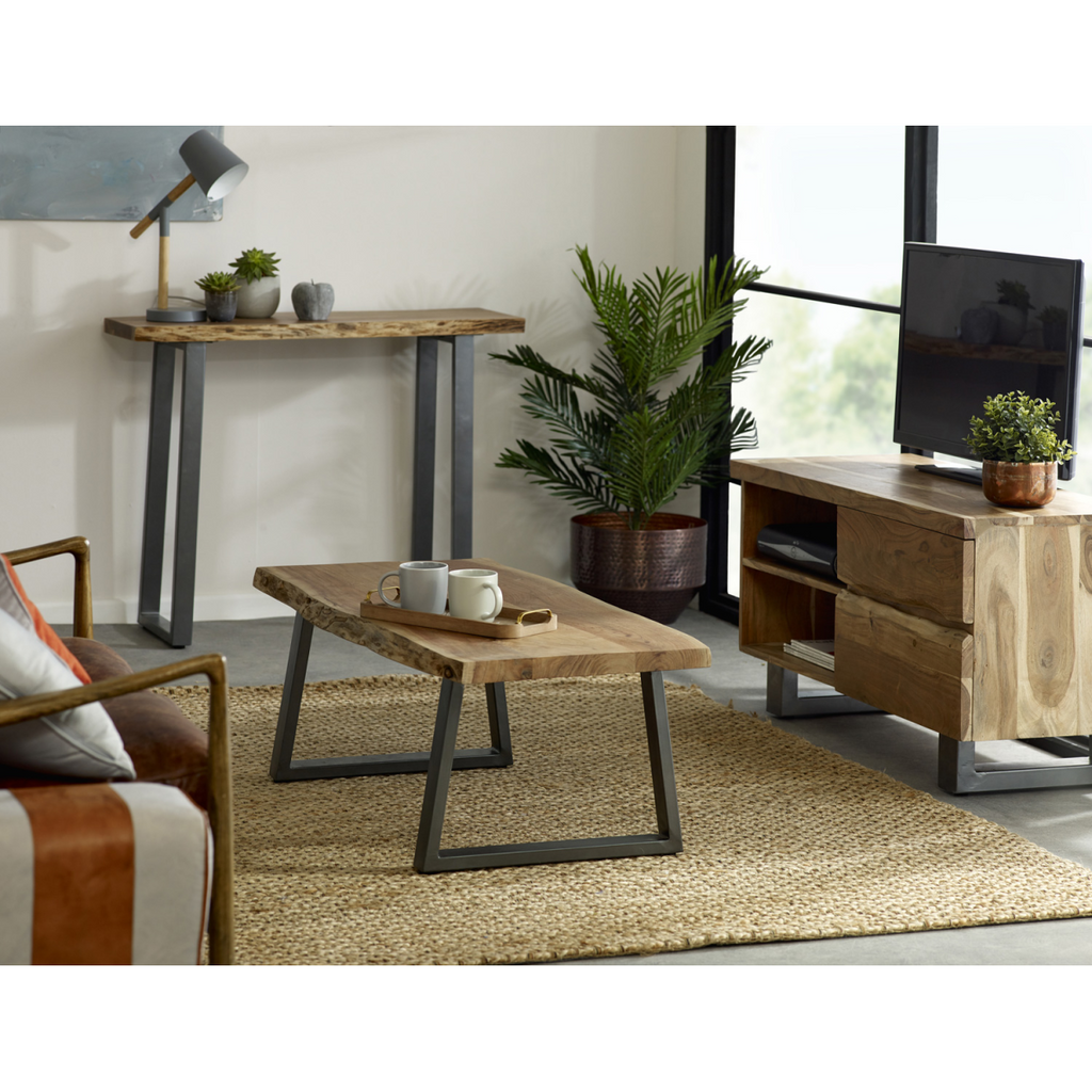 Reclaimed wood TV console with open shelf, drawer, and black metal legs