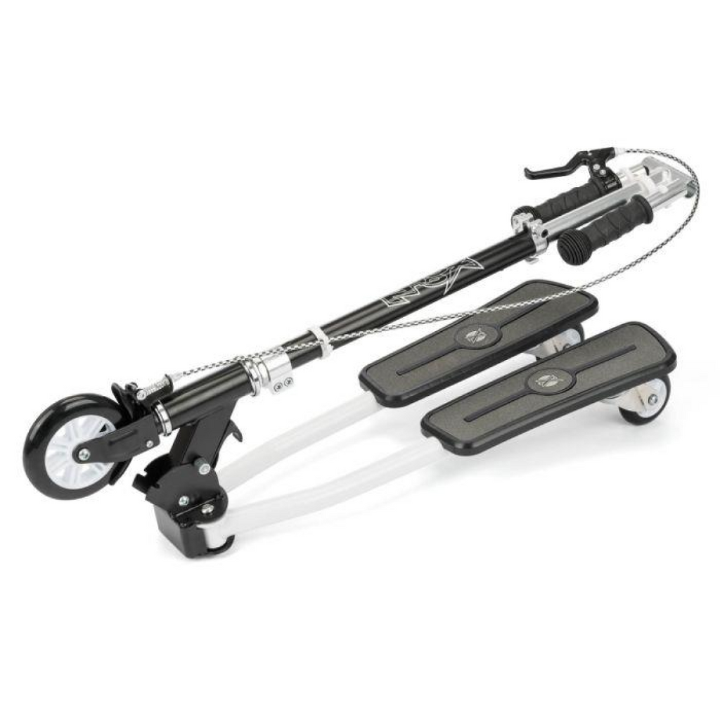 Diagonal view of white kick scooter with black handlebars and two foot decks