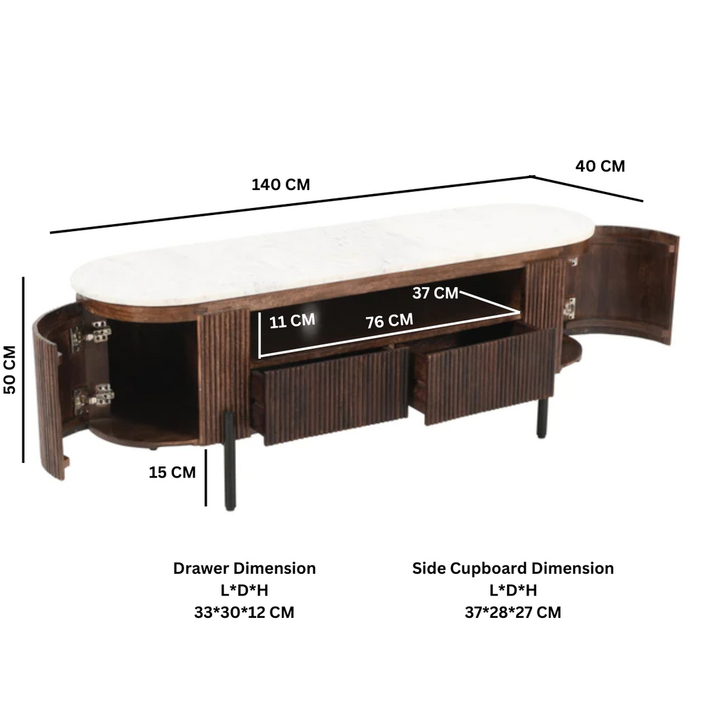 TV cabinet dimensions diagram showing size measurements and drawer/cupboard dimensions