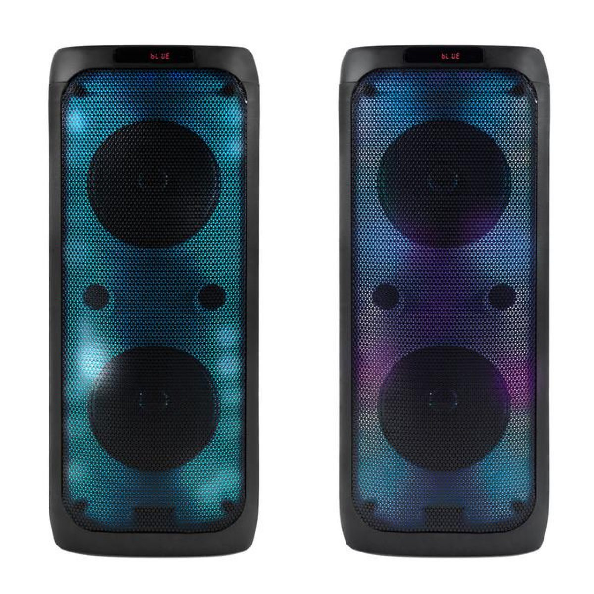 Pair of black Bluetooth karaoke speakers with blue and purple LED speaker grille lights