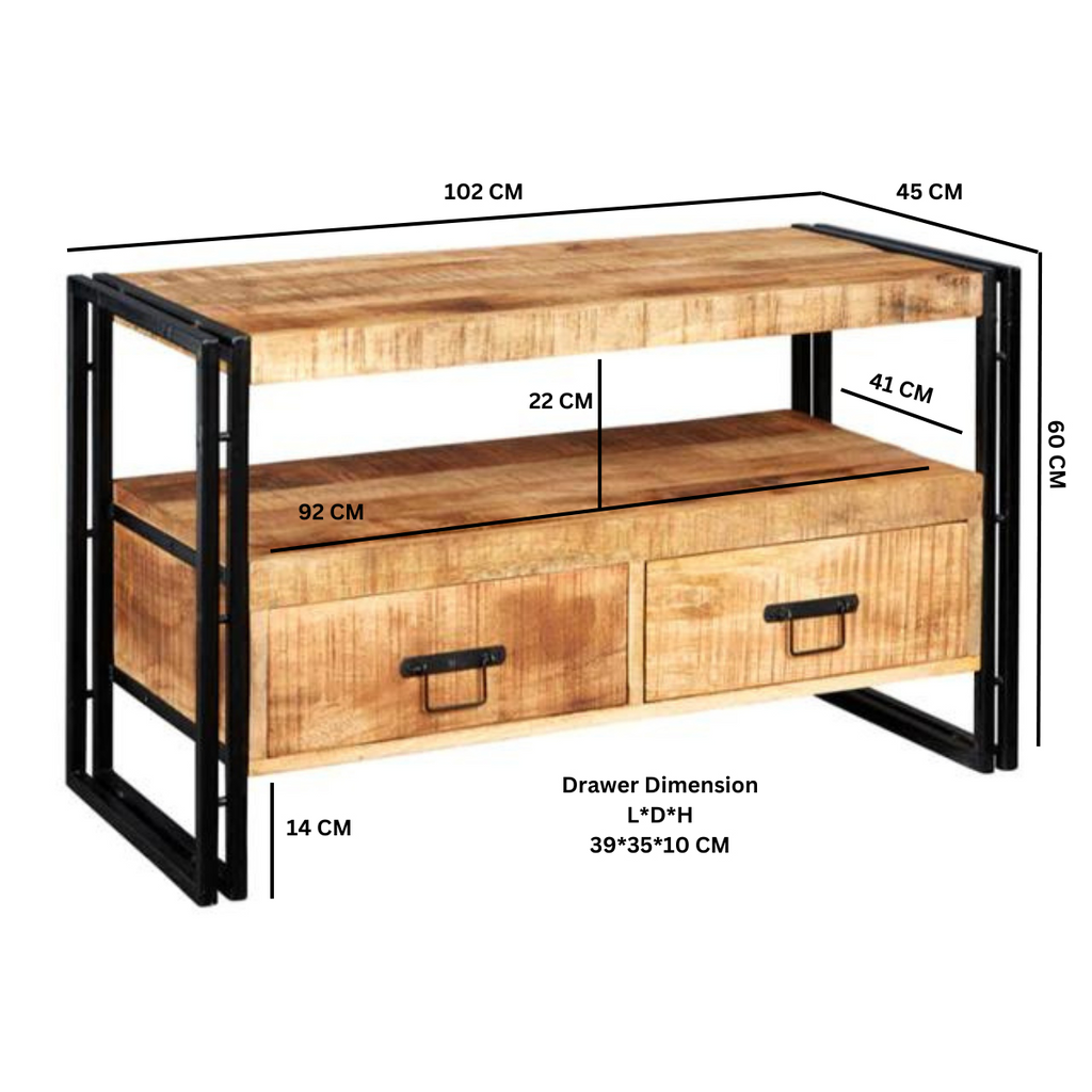 Industrial TV stand diagram with labeled dimensions and front drawer layout