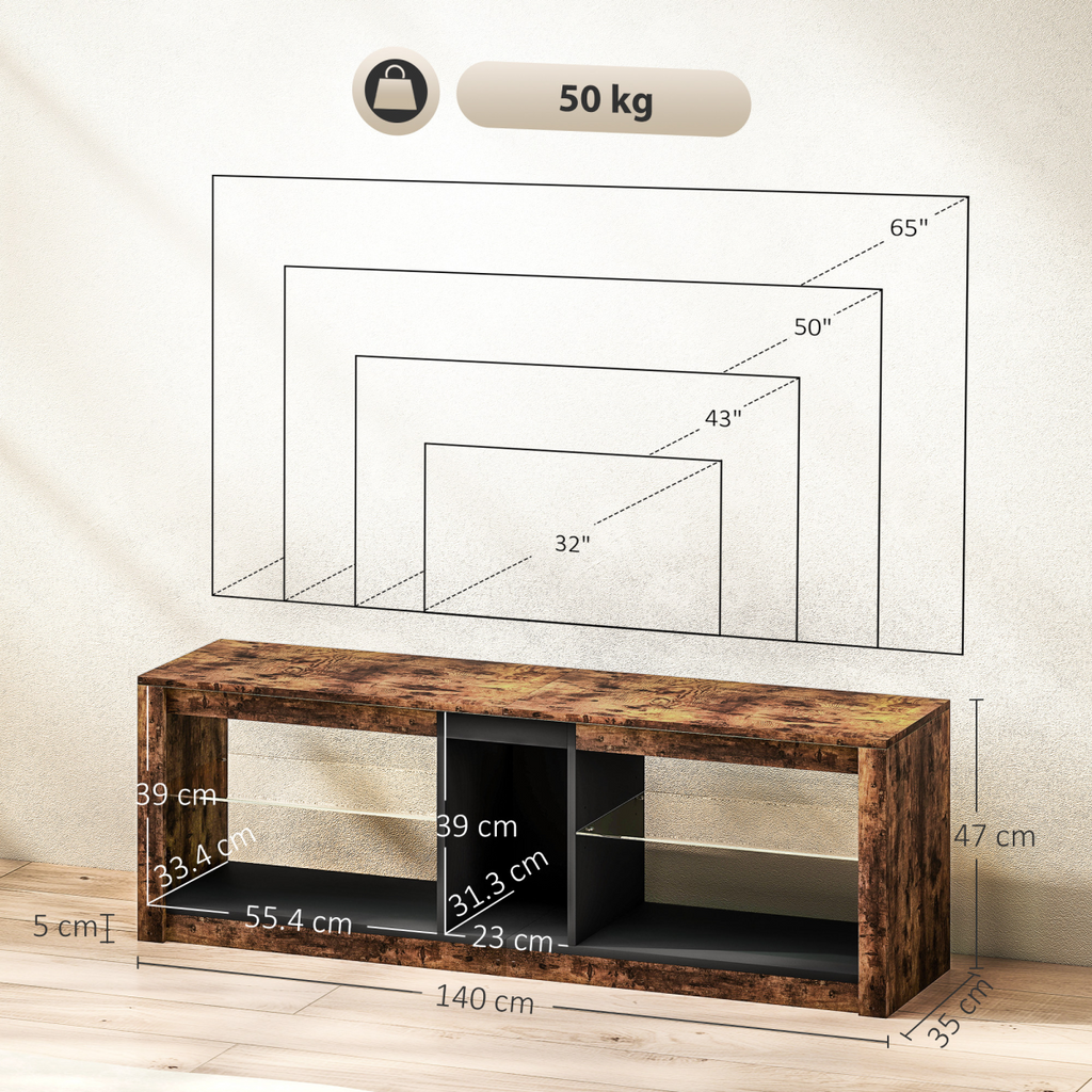 Rustic brown TV stand with side cabinet and open center shelf dimensions