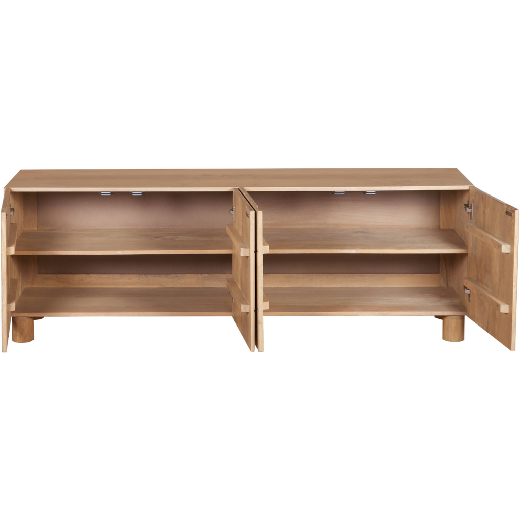 Light wood low board TV cabinet with open storage compartments and hinged doors