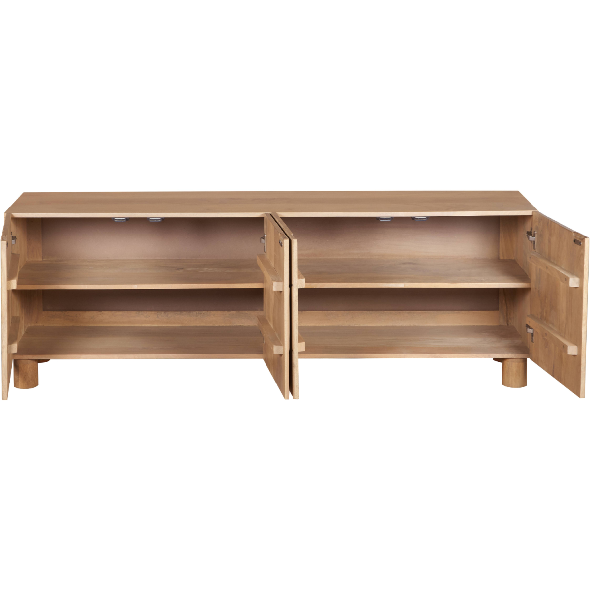 Light wood low board TV cabinet with open storage compartments and hinged doors