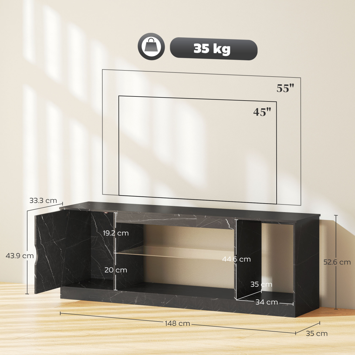 Black marble-effect TV stand sized for up to 55-inch TVs with open shelving.